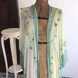 Beautiful beaded green and aqua kimono. EUC